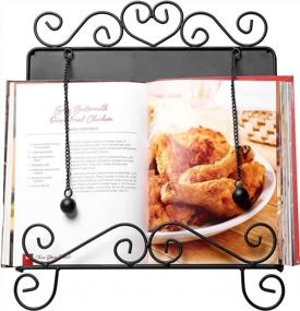 img 4 attached to MyGift Black Metal Cookbook Stand For Kitchen Counter, Cookbook Easel Stand With Weighted Page Holder And Vintage Scrollwork Design