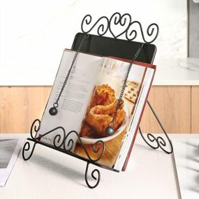 img 3 attached to MyGift Black Metal Cookbook Stand For Kitchen Counter, Cookbook Easel Stand With Weighted Page Holder And Vintage Scrollwork Design