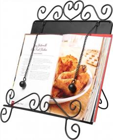 img 1 attached to MyGift Black Metal Cookbook Stand For Kitchen Counter, Cookbook Easel Stand With Weighted Page Holder And Vintage Scrollwork Design