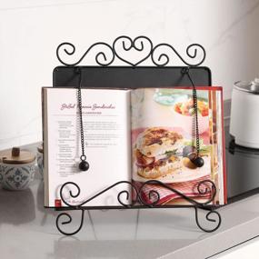 img 2 attached to MyGift Black Metal Cookbook Stand For Kitchen Counter, Cookbook Easel Stand With Weighted Page Holder And Vintage Scrollwork Design