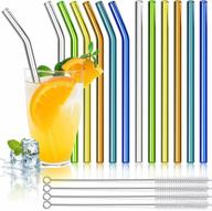 pack of 12 eco-friendly glass straws with 4 cleaning brushes - 8.5''x10 mm, assorted straight & bent reusable straws for milkshakes, frozen drinks, smoothies, tea, juice and 20 24 30 oz tumbler logo