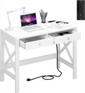choochoo 39" white computer desk with usb charging ports, power outlets, drawers and stable x frame for home office writing table logo