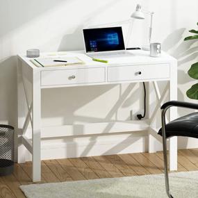 img 1 attached to ChooChoo 39 "белый компьютерный стол с USB-портами для зарядки, розетками питания, выдвижными ящиками и стабильной рамой X для письменного стола для домашнего офиса
