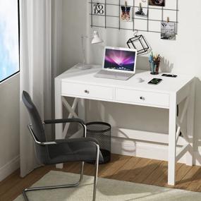 img 3 attached to ChooChoo 39 "белый компьютерный стол с USB-портами для зарядки, розетками питания, выдвижными ящиками и стабильной рамой X для письменного стола для домашнего офиса