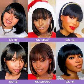 img 2 attached to Jet Black Yaki Straight Hair Wig For Women - 12 Inch Short Bob With Bangs, Soft Light Synthetic Heat Resistant Replacement Costume Wig (#1-627)