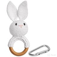🐰 adorable crochet bunny rattle: wood teething ring with clip for baby boys and girls - natural cotton bunny teether with diaper bag accessory логотип