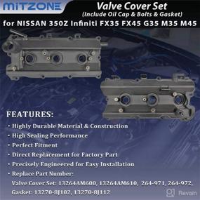 img 3 attached to 🧰 MITZONE Engine Valve Cover Set + Bolts + Oil Cap + Gaskets + Spark Plug Tube Seals + PCV Valve | Compatible with 2003-2008 Nissan 350Z Infiniti FX35 G35 M35 VQ35DE 3.5L | Part# 13264AM600 13264AM610