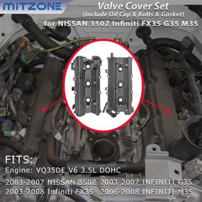 img 2 attached to 🧰 MITZONE Engine Valve Cover Set + Bolts + Oil Cap + Gaskets + Spark Plug Tube Seals + PCV Valve | Compatible with 2003-2008 Nissan 350Z Infiniti FX35 G35 M35 VQ35DE 3.5L | Part# 13264AM600 13264AM610