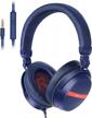 simolio stereo headphones with mic & volume control - long 4.9ft corded headset for adults, students, and kids - durable headphone for pc, laptop, tablet, and phone - sm-906m blue logo