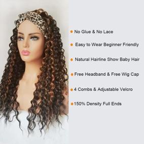 img 2 attached to 2 Tone Deep Wave Synthetic Curly Headband Wig For Afro Black Women - 24 Inch Long Layered Brown Hair Band Wig, Glueless And Highlighted By Auflaund