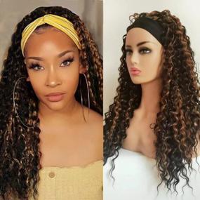 img 4 attached to 2 Tone Deep Wave Synthetic Curly Headband Wig For Afro Black Women - 24 Inch Long Layered Brown Hair Band Wig, Glueless And Highlighted By Auflaund