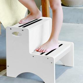 img 4 attached to White Wooden 2-Step Stool For Kids With Non-Slip Mats & Handle - Bathroom Potty, Kitchen, Bedroom Home Use | Bonus Safety Feature
