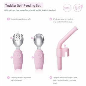 img 2 attached to 18 Month+ Baby Self-Feeding Training Flatware: Termichy Toddler Utensils Stainless Steel Fork Spoon & Silicone Straw Set With Travel Case (Pink)