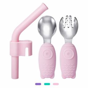 img 4 attached to 18 Month+ Baby Self-Feeding Training Flatware: Termichy Toddler Utensils Stainless Steel Fork Spoon & Silicone Straw Set With Travel Case (Pink)