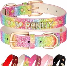 img 4 attached to Didog Personalized Glitter Dog Collars, PU Leather Custom Dog Collars With Bling Rhinestone Pet Name For Small Medium Dogs & Cats, Rainbow, XS