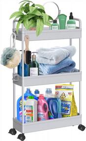img 2 attached to Gray Rolling Utility Cart With 3 Tiers - Organize Narrow Spaces In Kitchen, Bathroom, And Laundry Room With Slide Out Mobile Shelving Unit From SOLEJAZZ