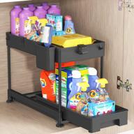 2 tier sliding cabinet basket organizer with hooks and dividers - spacekeeper under sink organizer for bathroom and kitchen, multipurpose storage shelf with hanging cup, in black logo
