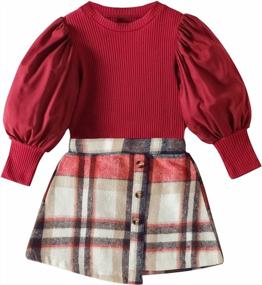 img 4 attached to Adorable Fall/Winter Outfit Set For Little Girls - DONWEN Puff Sleeve Tops & Plaid Mini Skirts!