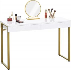 img 2 attached to Glossy White Vanity Desk By GreenForest With 2 Drawers, Modern Style Console Table For Bedroom, Home Office, & Makeup Station - 47" With Gold Metal Legs (Mirror Not Included)