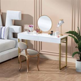 img 1 attached to Glossy White Vanity Desk By GreenForest With 2 Drawers, Modern Style Console Table For Bedroom, Home Office, & Makeup Station - 47" With Gold Metal Legs (Mirror Not Included)