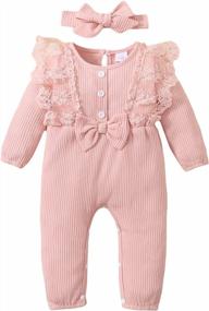 img 4 attached to Adorable Newborn Baby Girl Outfit - Ruffle Romper Jumpsuit, Bowknot Headband & Long Sleeves!
