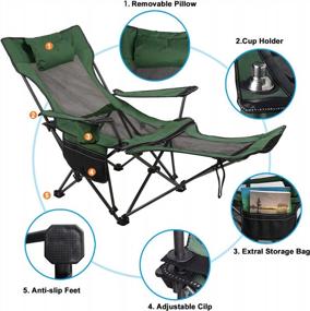 img 2 attached to LEADALLWAY Складной стул для кемпинга с подставкой для ног, складной стул для кемпинга с подстаканником и съемной сумкой для хранения, сверхмощный пляжный стул для лагеря на открытом воздухе, пикника, путешествий, рыбалки (зеленый)