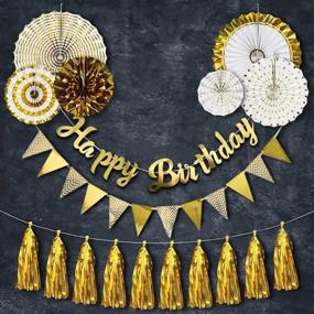 img 4 attached to Gold Birthday Party Decorations Set - Happy Birthday Banner Flag, 6 Paper Fans, Bunting Garland And Foil Tassels For Your Special Day!