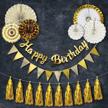 gold birthday party decorations set - happy birthday banner flag, 6 paper fans, bunting garland and foil tassels for your special day! logo
