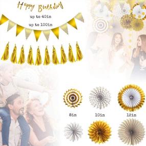 img 3 attached to Gold Birthday Party Decorations Set - Happy Birthday Banner Flag, 6 Paper Fans, Bunting Garland And Foil Tassels For Your Special Day!