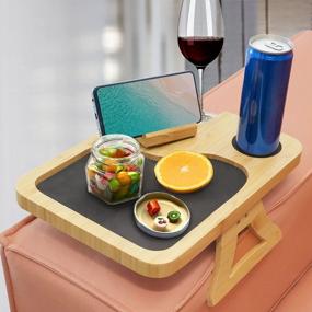 img 4 attached to GOBAM Bamboo Couch Arm Tray Table: 360° Rotating, Adjustable & Anti-Slip Sofa Armrest Tray For Convenient Eating & Drinking