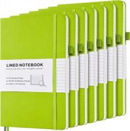 7-pack a5 ruled writing journal bulk with hardcover pu leather, thick 100 gsm numbered pages, index content, inner pockets, and bookmarks - ideal notebook for men and women in green color logo