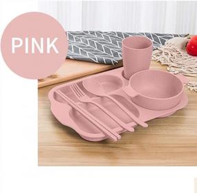 img 3 attached to Wheat Straw Fiber Divided Plate Set For Kids & Adults - 6 Piece Unbreakable Microwave & Dishwasher Safe Bowl, Cup, Fork, Spoon, Knife (Pink).