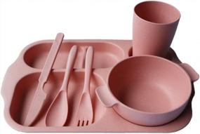 img 4 attached to Wheat Straw Fiber Divided Plate Set For Kids & Adults - 6 Piece Unbreakable Microwave & Dishwasher Safe Bowl, Cup, Fork, Spoon, Knife (Pink).