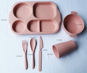 img 2 attached to Wheat Straw Fiber Divided Plate Set For Kids & Adults - 6 Piece Unbreakable Microwave & Dishwasher Safe Bowl, Cup, Fork, Spoon, Knife (Pink).