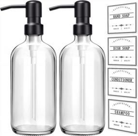 img 4 attached to Stylish And Functional Soap Dispenser Set For Kitchen And Bathroom - 2 Pack, 16Oz Refillable, Clear Glass And Matte Black Stainless Steel Pump