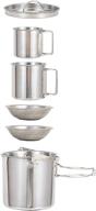 5-piece stainless steel camping kettle & pot set with mugs and bowls, perfect for backpacking, hiking, and outdoor cooking logo