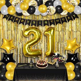 img 4 attached to Сделайте его 21-й день рождения невероятным с помощью 95 шт. черно-золотых украшений для вечеринок, включая баннеры, воздушные шары, фотореквизит и многое другое!