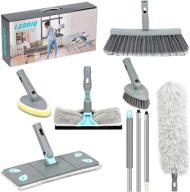 🏠 home cleaning kit: microfiber duster with stainless steel extension pole, microfiber mop, broom, duster, window squeegee cleaner, cleaning brush, tub and tile scrubber brush, sponge logo