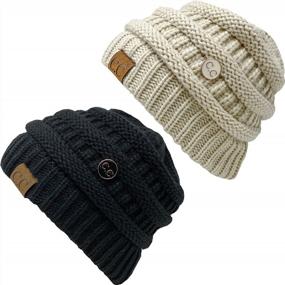 img 4 attached to Women'S Knit Beanie Hat Chunky Slouchy Side Button Skullcap By Funky Junque