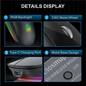 img 1 attached to Перезаряжаемая беспроводная мышь Uiosmuph G18 с подсветкой RGB, бесшумными щелчками, металлическим основанием, адаптером USB / Type C, зарядкой типа C - портативная беспроводная мышь для ПК / ноутбука (черная)