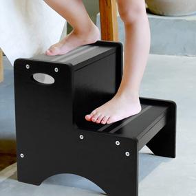 img 4 attached to Toddler Step Stool With Non-Slip Mats And Handle, Wooden Two Step Stool For Kids Bathroom Potty, Kitchen & Bedroom Home Use - HAJACK Black