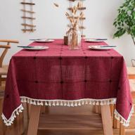 mokani square tablecloth 55x55 cotton linen embroidered checkered washable wrinkle-free anti-fading tasseled cover for kitchen dining thanksgiving christmas red логотип