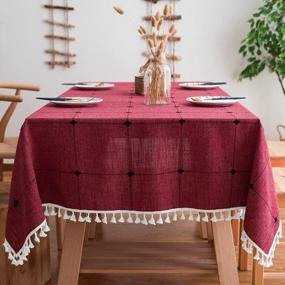 img 4 attached to MOKANI Square Tablecloth 55X55 Cotton Linen Embroidered Checkered Washable Wrinkle-Free Anti-Fading Tasseled Cover For Kitchen Dining Thanksgiving Christmas Red
