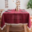 mokani square tablecloth 55x55 cotton linen embroidered checkered washable wrinkle-free anti-fading tasseled cover for kitchen dining thanksgiving christmas red logo