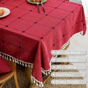 img 1 attached to MOKANI Square Tablecloth 55X55 Cotton Linen Embroidered Checkered Washable Wrinkle-Free Anti-Fading Tasseled Cover For Kitchen Dining Thanksgiving Christmas Red