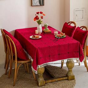 img 3 attached to MOKANI Square Tablecloth 55X55 Cotton Linen Embroidered Checkered Washable Wrinkle-Free Anti-Fading Tasseled Cover For Kitchen Dining Thanksgiving Christmas Red