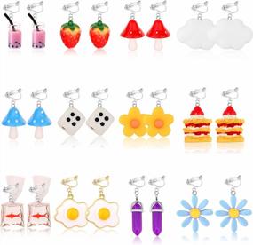 img 4 attached to 12 Pairs Cute & Funny Aesthetic Earrings Clip On Sets For Women Girls - Hypoallergenic Non Pierced Jewelry By Sailimue