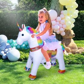 img 3 attached to 🦄 WondeRides Ride on Rainbow Unicorn Toy: Perfect Horse Riding Pony for 3-5 Year Old Girls (Size 3, 30.1 Inch Height) - Plush Walking Horse Animal Rocker with Wheels