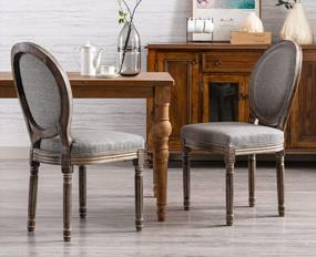img 4 attached to Kmax Farmhouse Dining Room Chairs, French Distressed Bedroom Chairs With Round Back, Brown Wood Legs Elegant Tufted Kitchen Chairs, Set Of 2, Gray