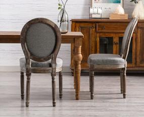 img 2 attached to Kmax Farmhouse Dining Room Chairs, French Distressed Bedroom Chairs With Round Back, Brown Wood Legs Elegant Tufted Kitchen Chairs, Set Of 2, Gray
